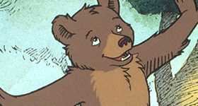 A cartoon bear with its arm's spread wide and looking happy.